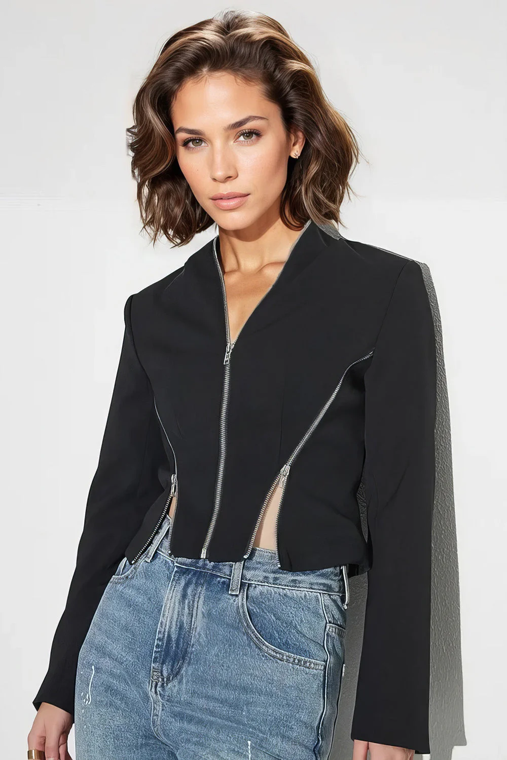 Zip-Up Cropped Jacket - Black - Image 3