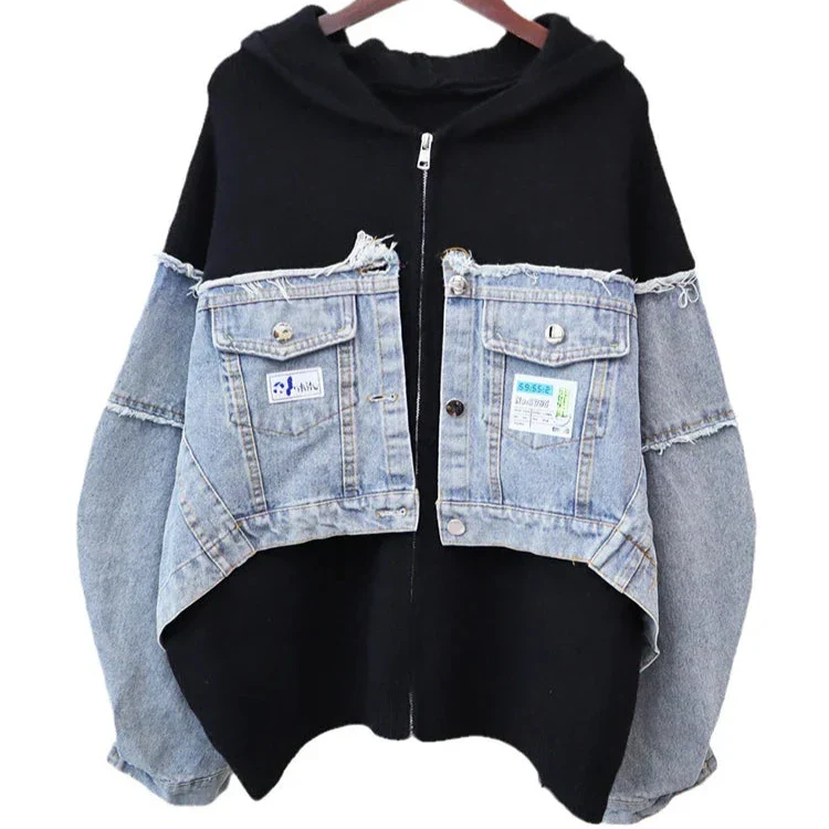 ZIP-UP SWEATSHIRT with DENIM INSERTS - Black - Image 2