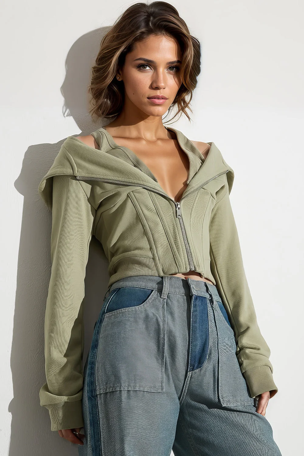 Zip-Up Sweatshirt with Straps - Green - Image 3